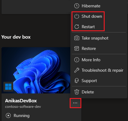 実行中の開発ボックスのアクション メニューを示す開発者ポータルのスクリーンショット。