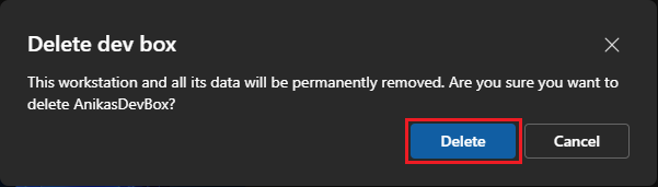 開発ボックスを削除することを選択した後の確認メッセージのスクリーンショット。