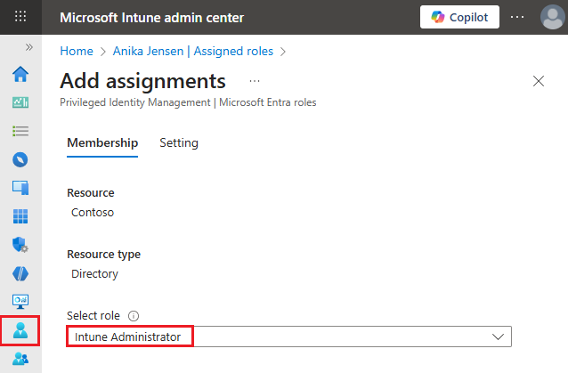 Microsoft Intune 管理者ロールの割り当てを示すスクリーンショット。