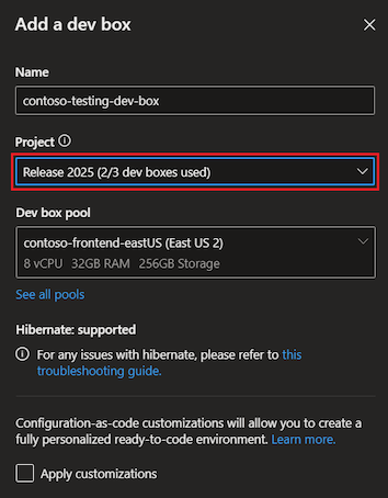 プロジェクトが選択されている開発者ポータルの [新しい開発ボックスの追加] ウィンドウ、使用されている開発ボックスの数、開発ボックスの合計数を示すスクリーンショット。