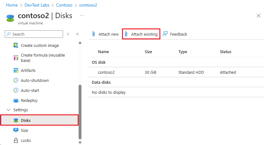 VM の [ディスク] ページにある [既存のディスクのアタッチ] のスクリーンショット。