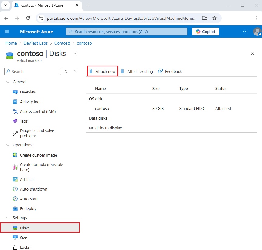 VM の [ディスク] ページにある [新しいディスクのアタッチ] のスクリーンショット。