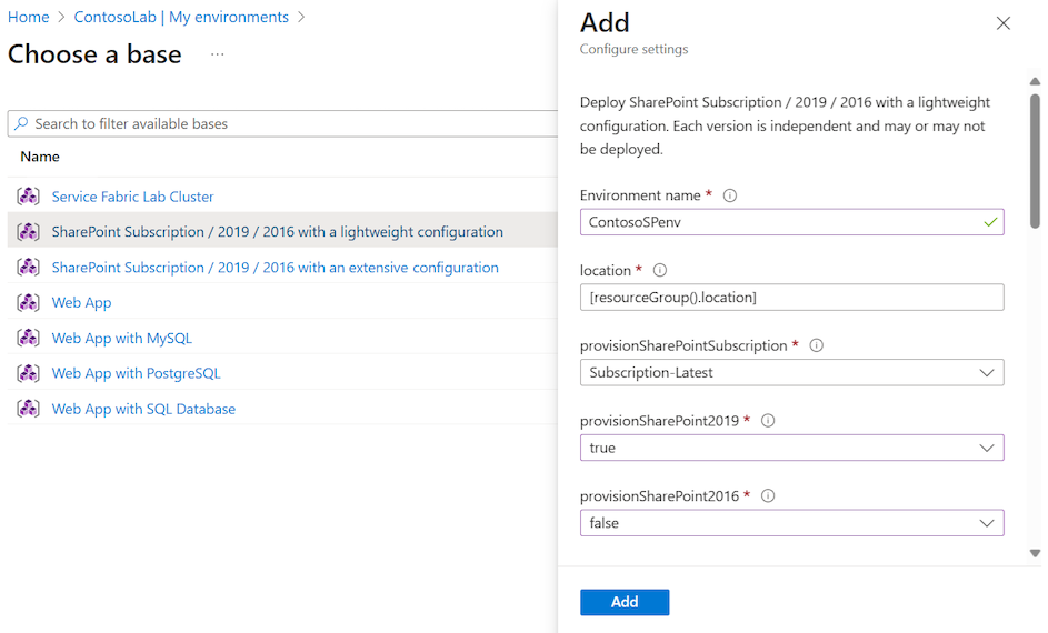 SharePoint 環境用に構成する設定を行う [追加] ペインを示すスクリーンショット。
