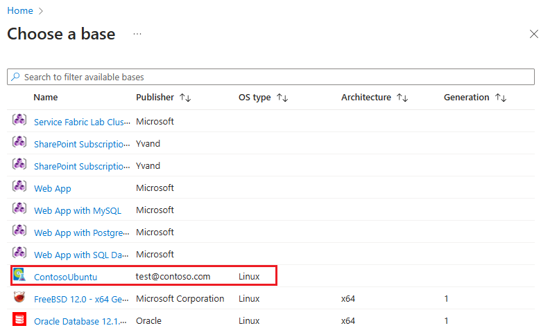 基本イメージの一覧で使用できるカスタム イメージを示すスクリーンショット。
