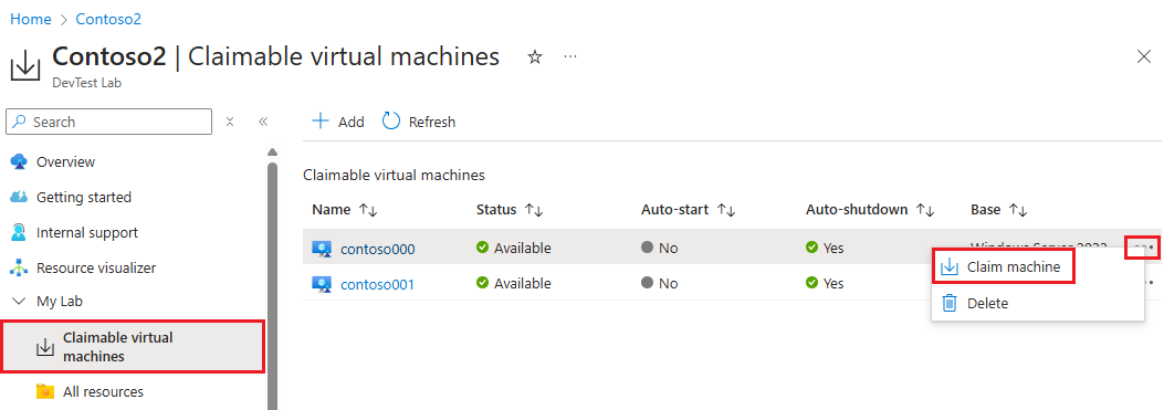 コンテキスト メニューの [マシンの要求] を示すスクリーンショット。