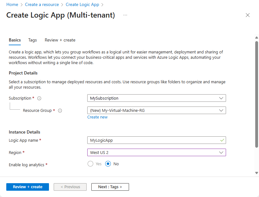 スクリーンショットは、名前、サブスクリプション、リソース グループ、場所などの詳細が表示されている、ロジック アプリの [作成] メニューを示しています。