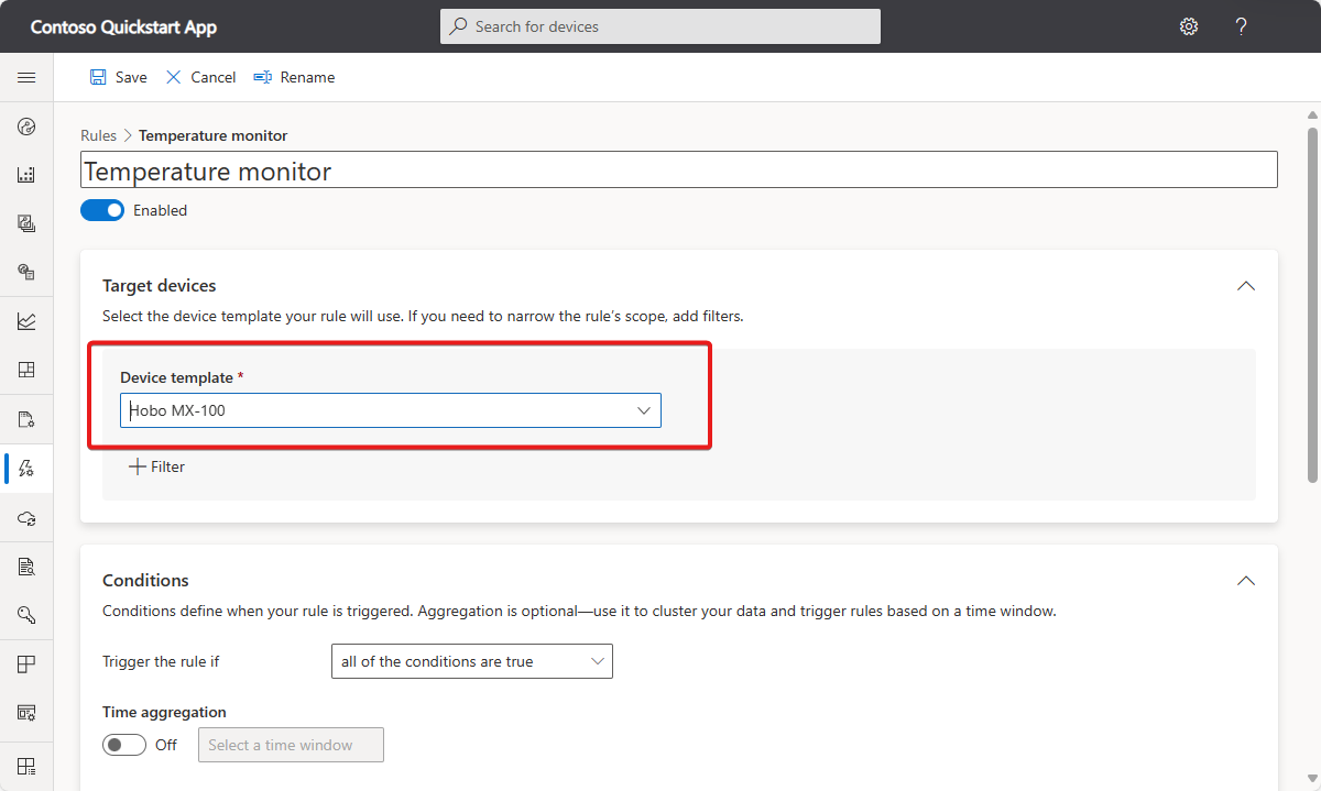 ルール定義でのデバイス テンプレートの選択を示すスクリーンショット。