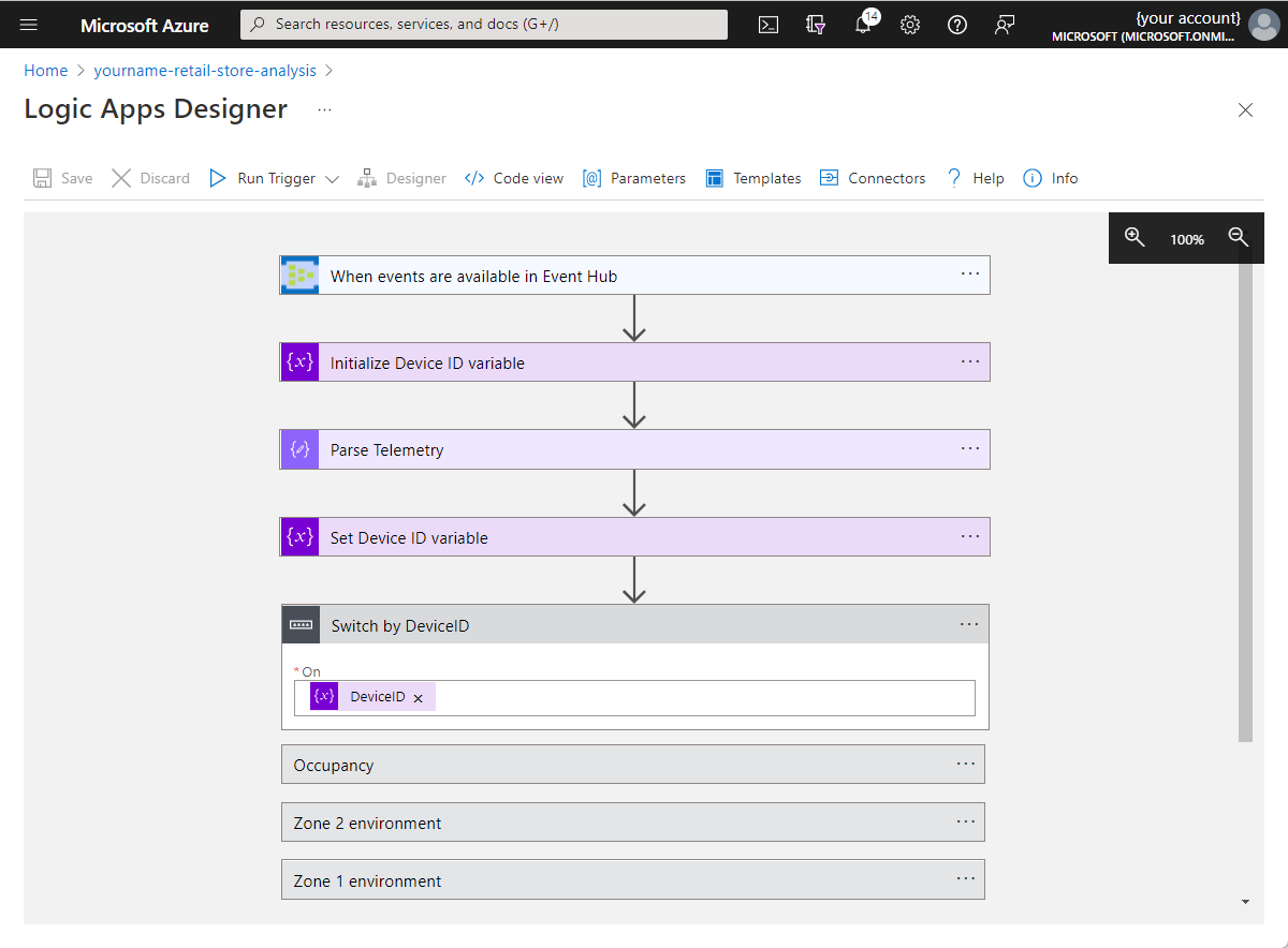 初期ロジック アプリを含む Azure portal の Logic Apps デザイナーのスクリーンショット。