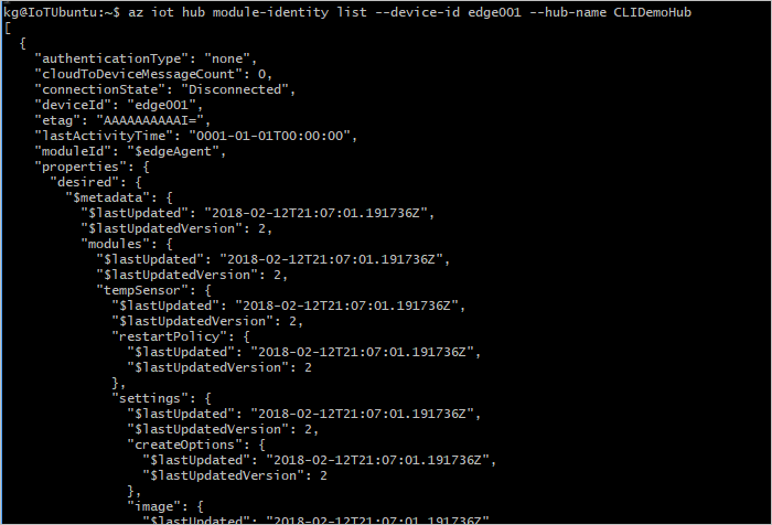 az iot hub module-identity list コマンドの出力を示すスクリーンショット。