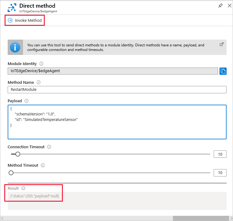 Azure portal でダイレクト メソッド RestartModule を呼び出す画面。