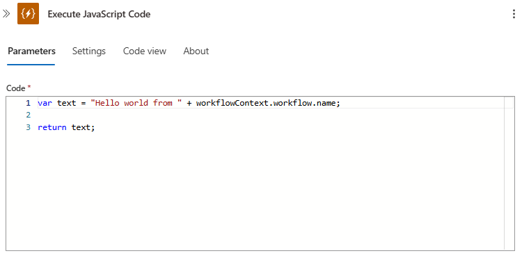既定のサンプル コードを含む JavaScript コードの実行アクションを示すスクリーンショット。