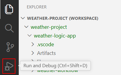 Visual Studio Code のアクティビティバーで「実行」と「デバッグ」が選択されているスクリーンショットが表示されています。