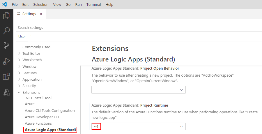 Azure Logic Apps (Standard) 拡張機能の Visual Studio Code 設定を示すスクリーンショット。
