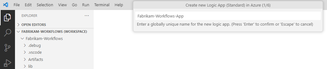 スクリーンショットは、宛先ロジック アプリの一意の名前を入力するプロンプトを示しています。