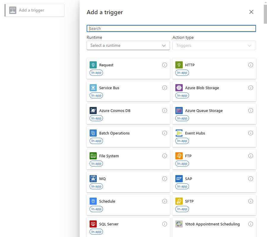 ワークフロー デザイナー、トリガーの追加という名前の選択されたプロンプト、およびトリガーを含むコネクタと操作グループのギャラリーを示すスクリーンショット。