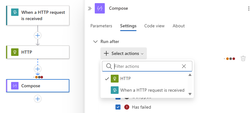 現在のアクションと使用可能な複数の先行アクションを示すスクリーンショット。