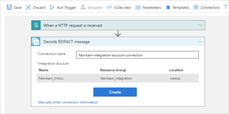 コンシュームワークフロー デザイナーの、[EDIFACT メッセージをデコードする] という名前のアクションを示す接続ペインのスクリーンショット。