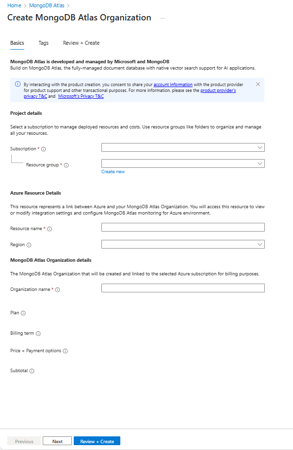 Azure portal で MongoDB Atlas 組織を作成するための基本設定のスクリーンショット。