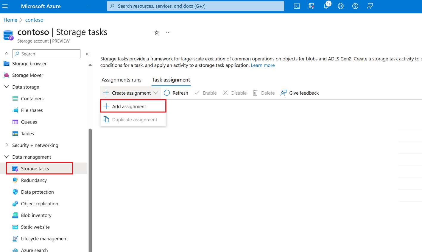 ストレージ アカウントのコンテキストに表示される [割り当て] ページのスクリーンショット。