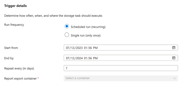 [割り当ての追加] ウィンドウの [トリガー] セクションのスクリーンショット。