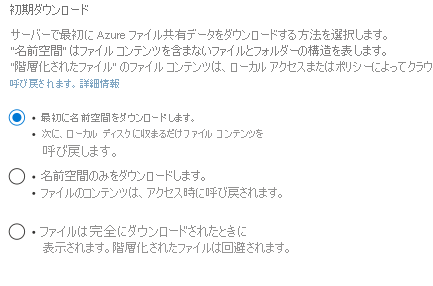 Azure ポータル ウィザードでサーバー エンドポイントを作成する際のオプションを説明する画像。
