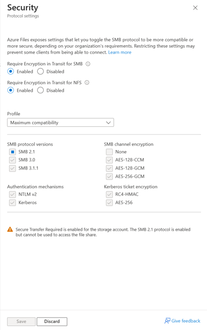 SMB の転送中の暗号化を要求するダイアログを示すスクリーンショット。または、SMB プロトコルバージョン、SMB チャネル暗号化、認証メカニズム、Kerberos チケット暗号化のセキュリティ設定を変更します。