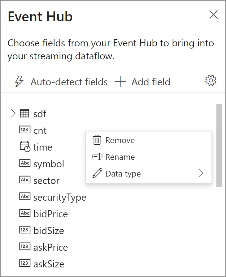 フィールドの種類を削除、名前変更、または変更できる Event Hubs のフィールドの一覧を示すスクリーンショット。