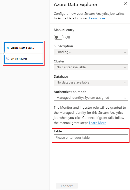 Kusto の出力構成を示すスクリーンショット。