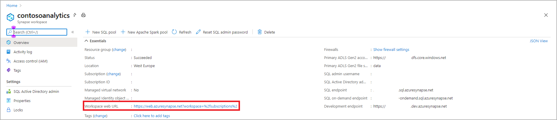 ワークスペース Web URL が強調表示されている Azure portal Synapse ワークスペースの概要のスクリーンショット。