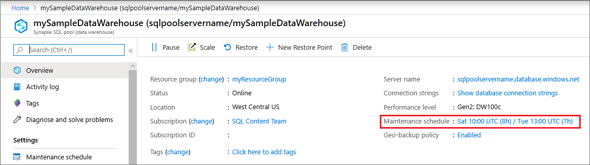 メンテナンス スケジュールを示す概要ウィンドウのスクリーンショット。