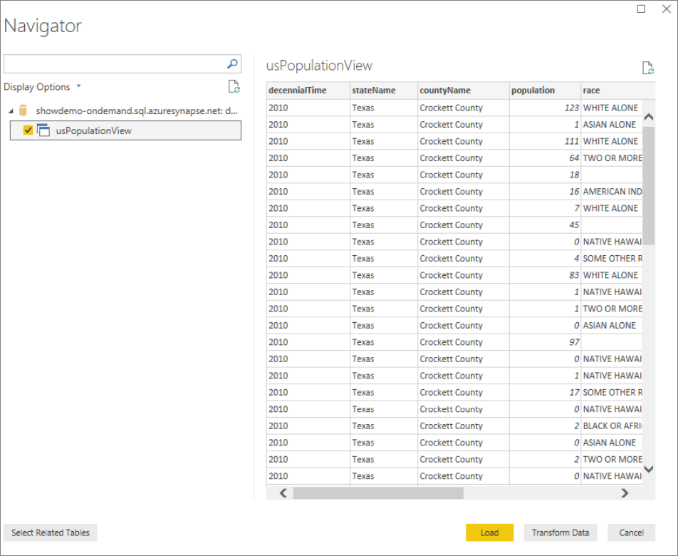 選択したデータベースのビューを選択します。