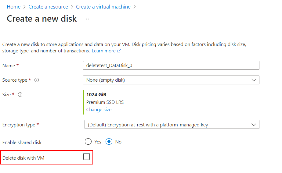 VM が削除されたときにデータ ディスクを削除することを選択するチェック ボックスを示すスクリーンショット。
