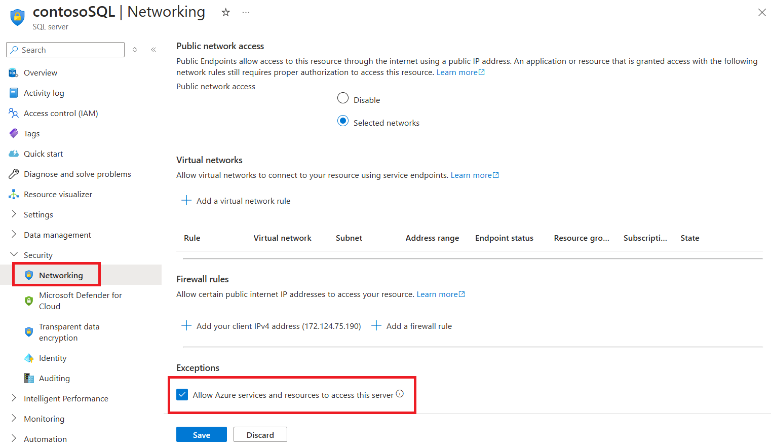 サーバーへの接続を許可するAzure portalの選択Azure示すスクリーンショット。