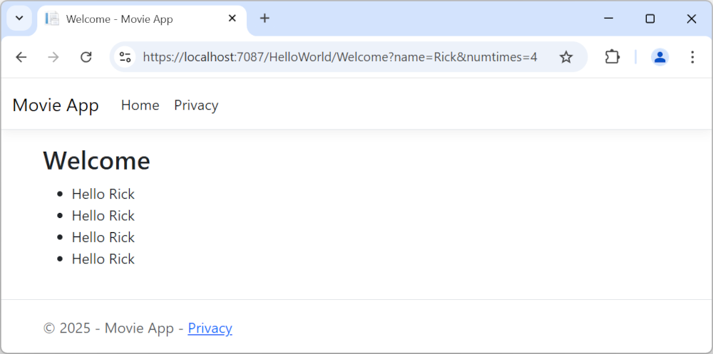 [ようこそ] ラベルと、Hello Rick という語句が 4 つ示された Privacy ビュー