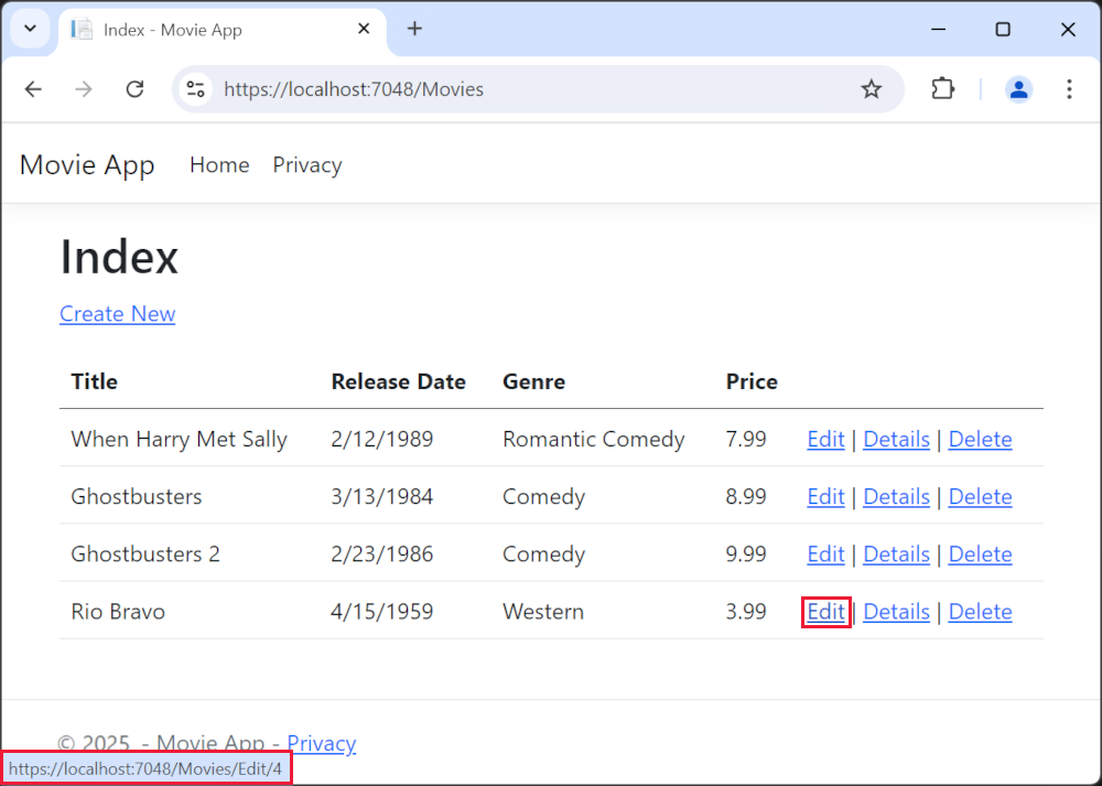 [編集] リンクがマウスでポイントされ、リンク URL として https://localhost:5001/Movies/Edit/5 が表示されている状態のブラウザー ウィンドウ