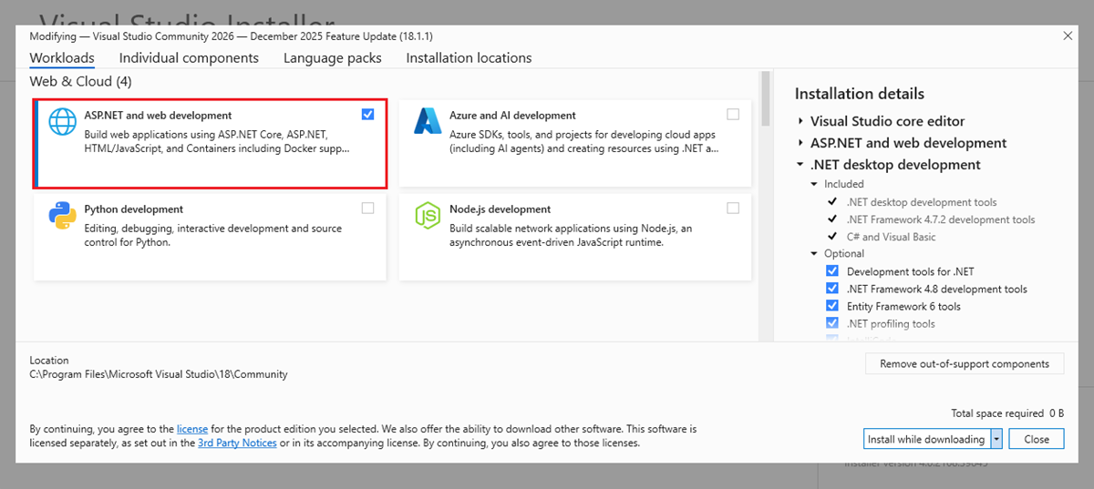 VS26 インストーラーのワークロード