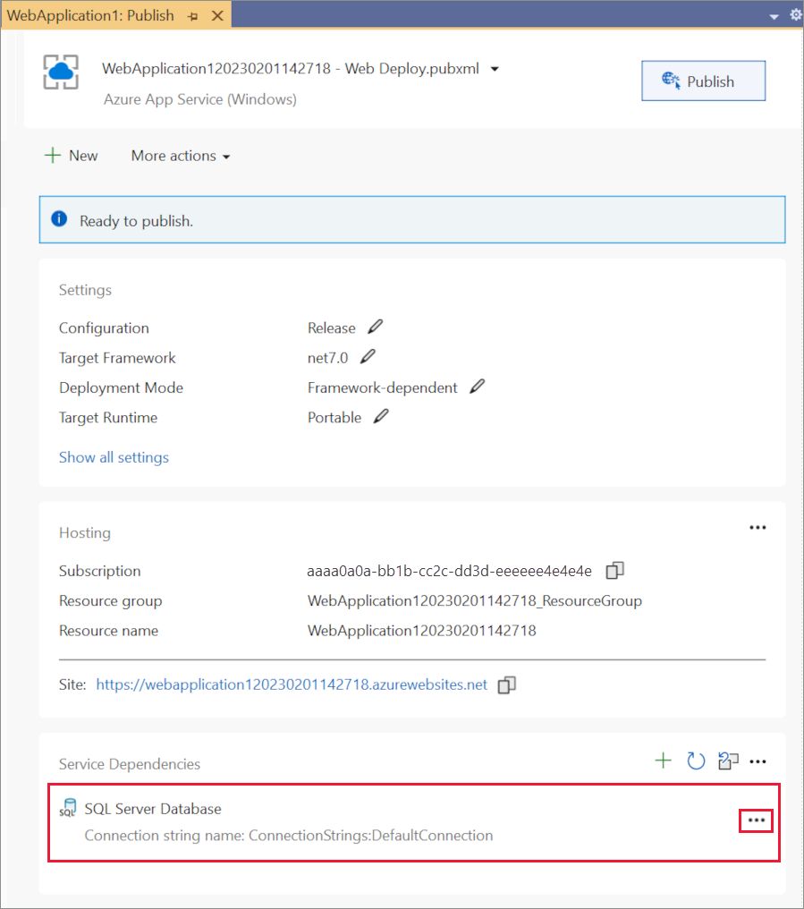 プロファイルの発行の概要ページ: SQL Server の依存関係を構成する