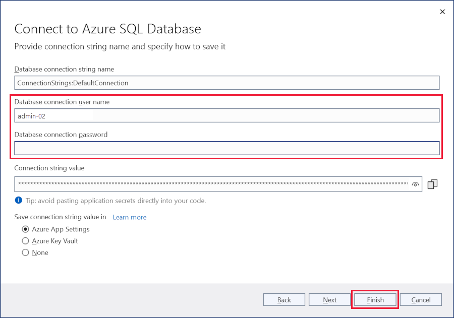 [Azure SQL Database の構成] ダイアログ、接続文字列の詳細