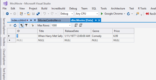 M V C Movie Microsoft Visual Studio ウィンドウを示すスクリーンショット。d b o dot Movies Data タブが選択されています。