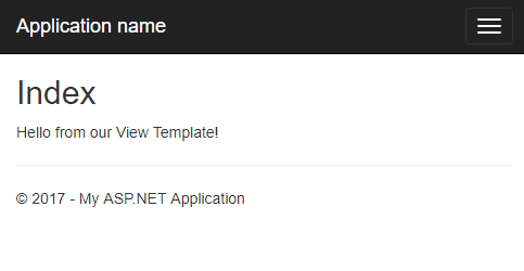 [インデックス] ページとビュー テンプレートのテキスト Hello を示すスクリーンショット。