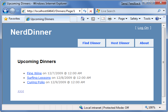 [Nerd Dinners] ページのスクリーンショット。[Upcoming Dinners]\(今後のディナー\) の一覧が表示されています。