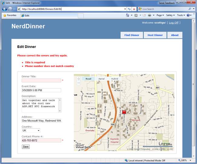 Nerd Dinner アプリケーション ページのスクリーンショット。[ディナーの編集] ページが表示されます。