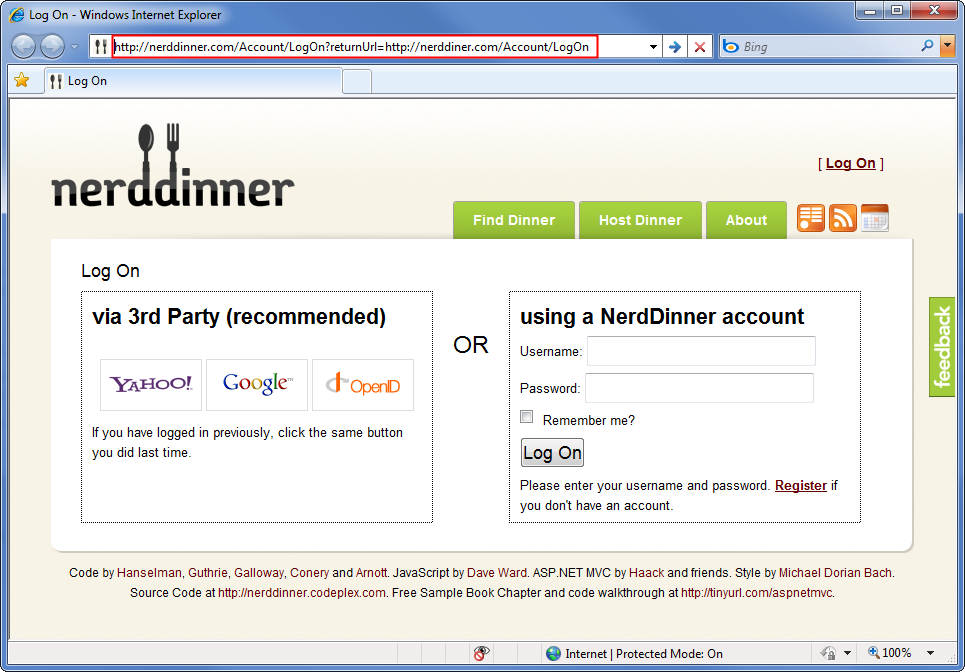 Nerd Dinner dot com ホーム ページを示すスクリーンショット。タイトル バーが強調表示され、Nerd Diner dot com を指す U R L が表示されます。