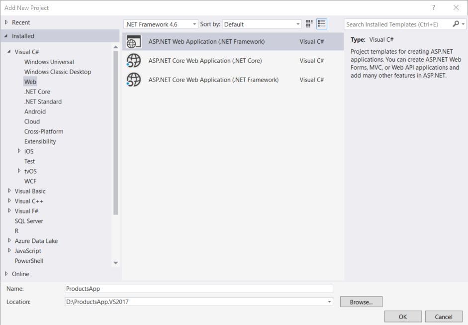 [新しいプロジェクトの追加] テンプレート オプションのスクリーンショット。新しいプロジェクトを作成するための手順と選択が強調表示されています。