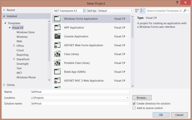 フォルダー一覧の Visual C# 項目と、灰色で強調表示されている Windows フォーム アプリケーション項目を示す [新しいプロジェクト] ダイアログ ボックスのスクリーンショット。