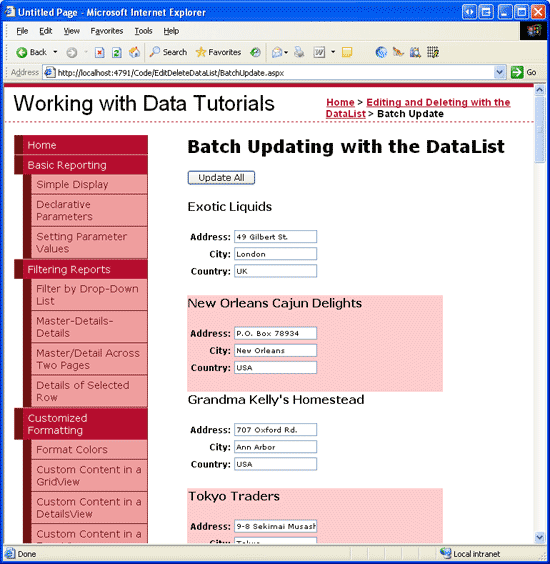 完全に編集可能な DataList 内の各項目を変更できます