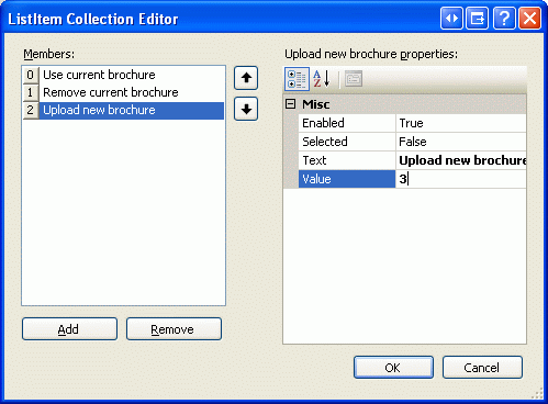 RadioButtonList に 3 つの ListItem を追加する