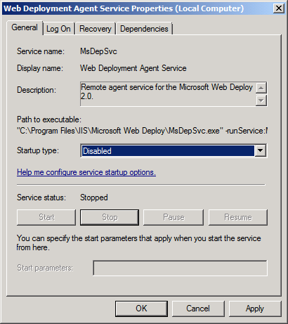 [スタートアップの種類] ボックスの一覧で [無効] を選択し、[OK] をクリックします。