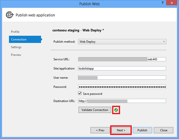 [接続] タブの [接続成功] アイコンと [次へ] ボタン