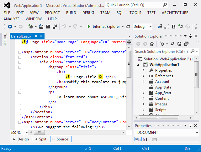 ソース ビューの新しい Web フォーム アプリケーション